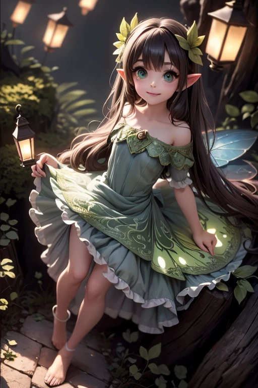 masterpiece, best quality, detailed eyes, 1girl, a cute ((fairy)) smiling, holding a butterfly, (intense green smokey eyes makeup), (pointy ears), (fairy sleveless dress), (leafy dress), traslucent fairy wings), large eyelashes, fantasy magical (village at night), (night scene), (magical lanterns), looking at viewer, (((full body))), Cinematic Light, Ray tracing, Depth of field, light source contrast,