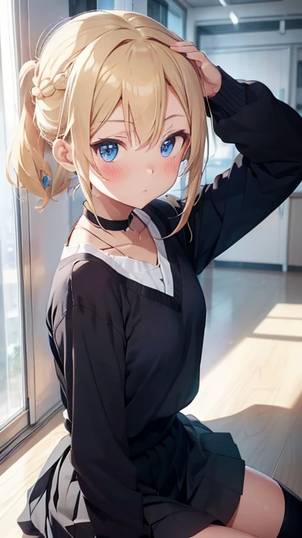 Anime girl, blonde hair, ponytail hair, lazy eyes, tomboy, skirt, blue eyes, school, braid, looking at viewer, black sweater, thigh high, blue ribbon hair, short hair, blush, sitting, white collar, necklace, white sleeves