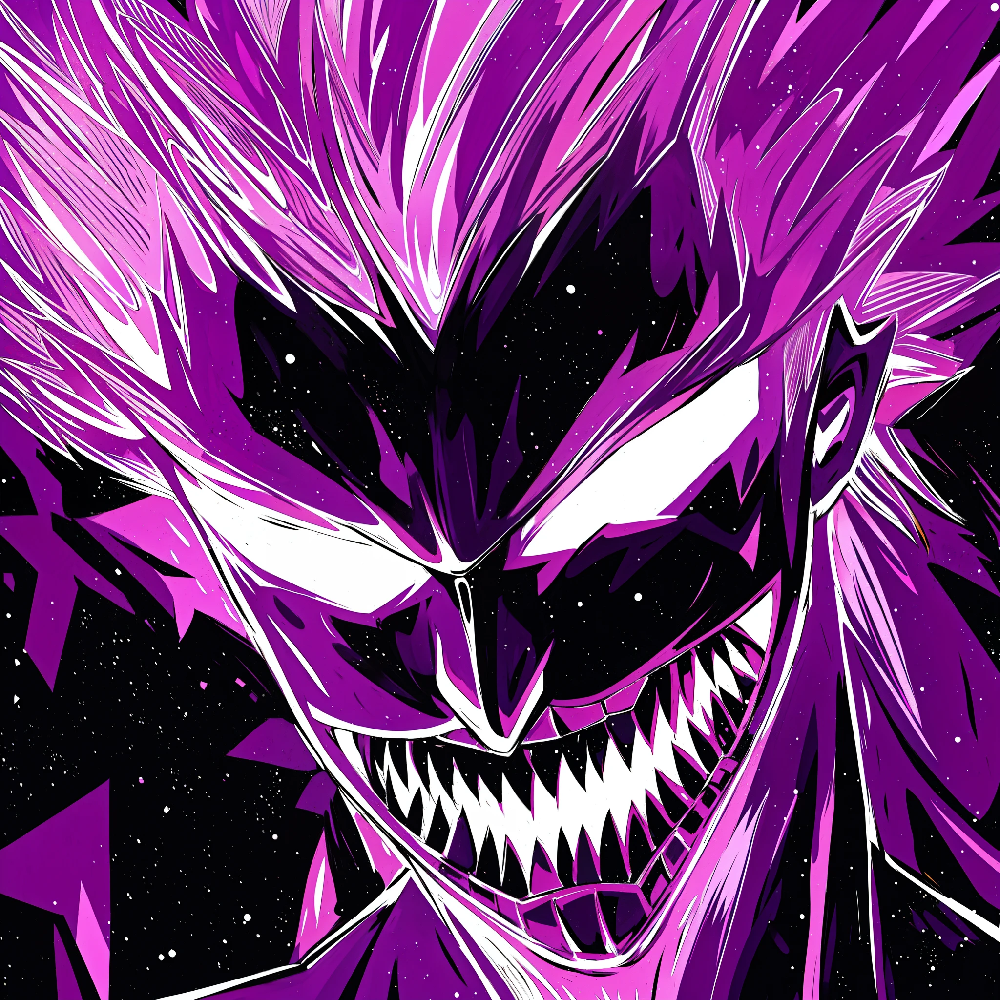 close-up of a purple and black image of a demonic face, Evil villainous grin, The Joker is similar to Naruto, 4 k manga wallpapers, chaos nightmare ❄️ amour venom, A wide, evil grin, badass anime 8 k, transforming into its final form, Evil grin, Ken Kaneki, best anime 4k konachan wallpaper, Glowing & Epic, ichigo kurosaki