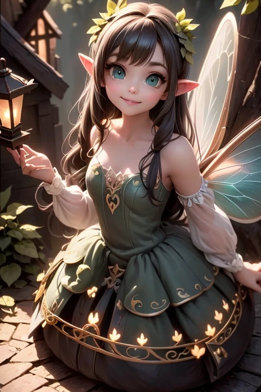 masterpiece, best quality, detailed eyes, 1girl, a cute ((fairy)) smiling petting a butterfly, (intense green smokey eyes makeup), (pointy ears), (fairy sleveless dress), (leafy dress), traslucent fairy wings), large eyelashes, fantasy magical (village at night), (night scene), (magical lanterns), looking at viewer, (((full body))), Cinematic Light, Ray tracing, Depth of field, light source contrast,