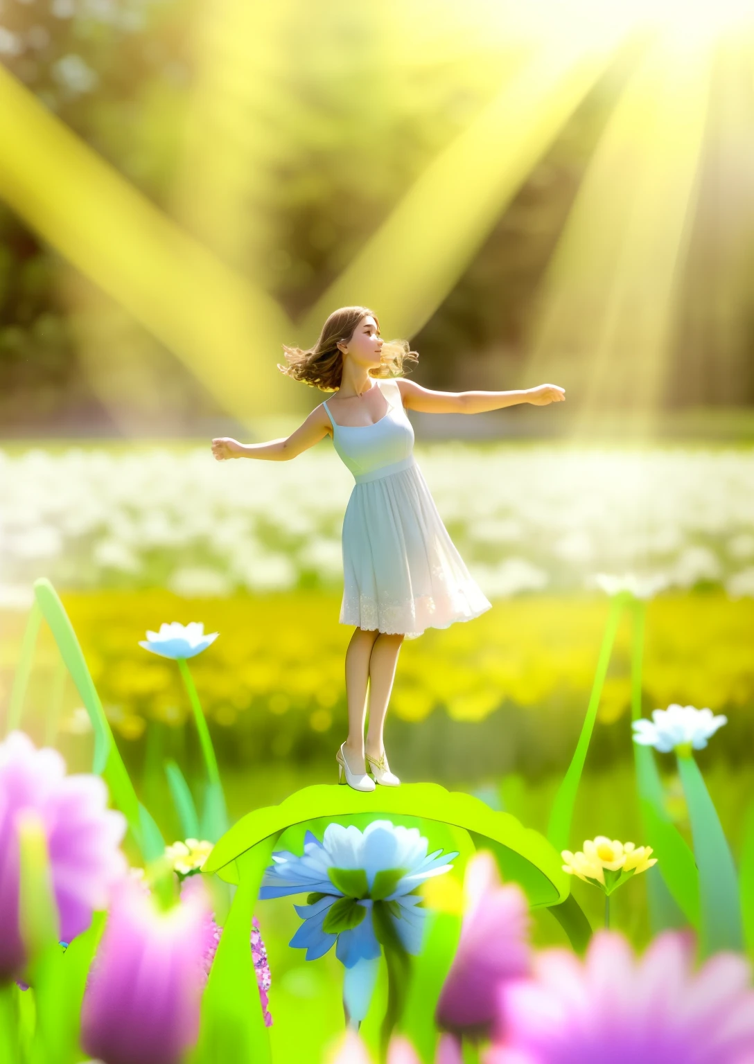 there a woman standing on a flower with her arms outstretched, girl dancing in a flower field, Menina flutuando em um campo de flores, menina pulando em um campo de flores, Menina que caminha em um campo de flores, Perdidos em uma paisagem de fadas sonhadoras, menina em um campo de flores, arte caprichosa, ela flutuando no ar, illustration!, girl standing in a flower field, rosto perfeito, sem deformar rosto