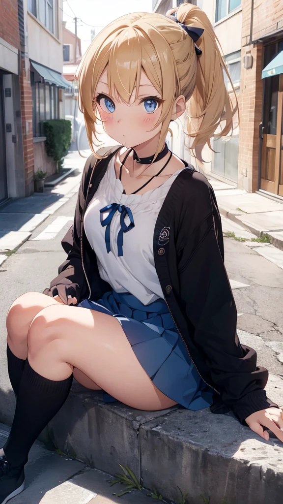 Anime girl, blonde hair, ponytail hair, lazy eyes, tomboy, skirt, blue eyes, school, braid, looking at viewer, black sweater, thigh high, blue ribbon hair, short hair, blush, sitting, white collar, necklace, white sleeves, teen