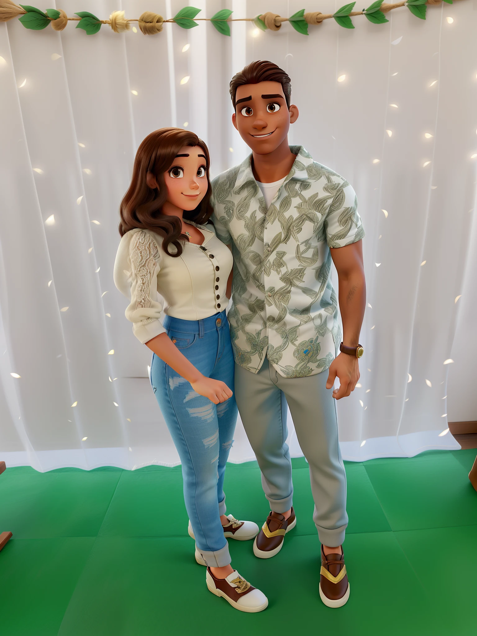 Casal (homem jovem, cor de pele marron, cabelo curto preto), ((mulher branca)), cabelos cacheados de cor castanho, ((mulher branca)) no estilo Disney Pixar, alta qualidade, melhor qualidade.