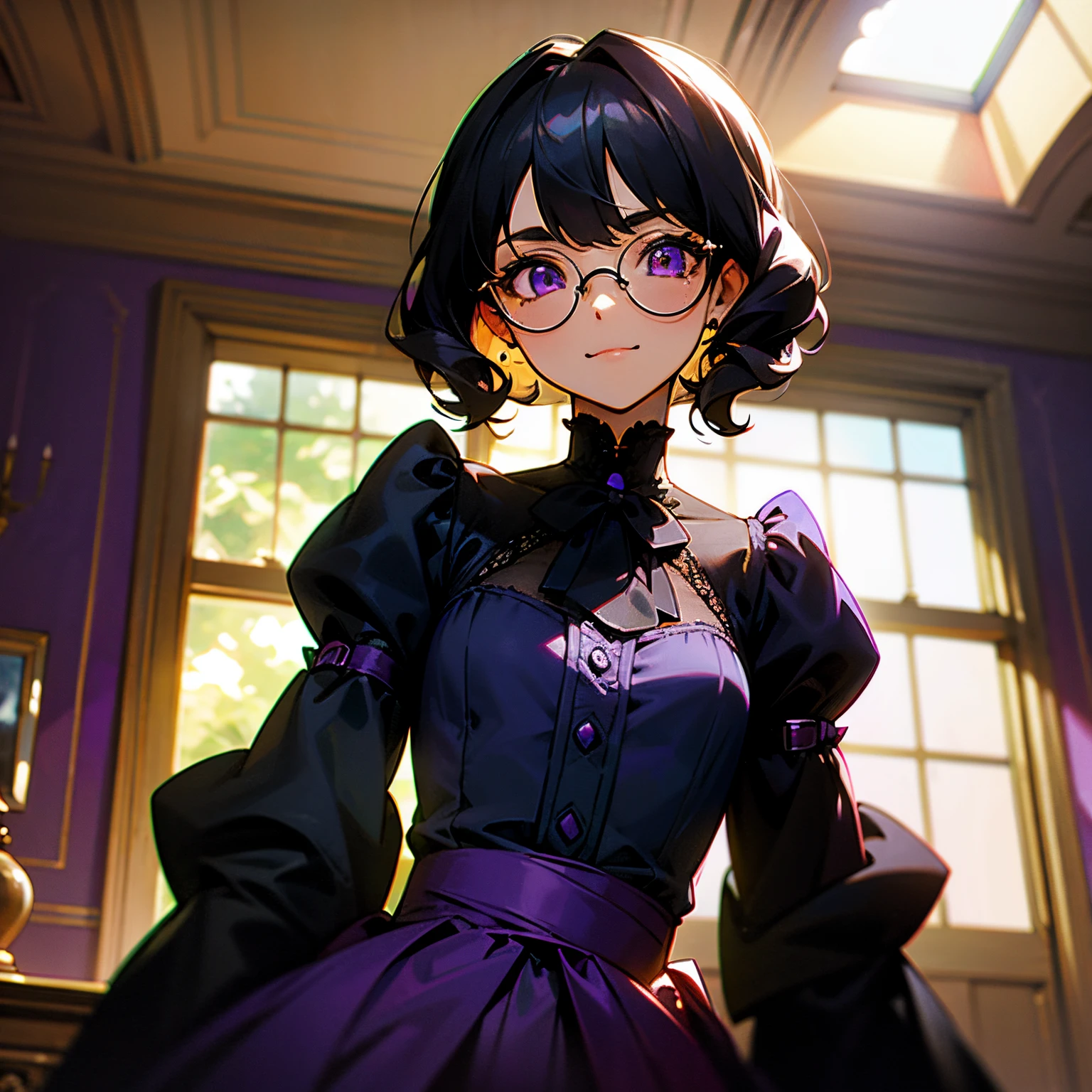 small girl, black curly hair, glowing violet eyes, mole under the eye, slightly tanned skin, Large round glasses, chic black and purple dress, Victorian style of clothing, calm expression on his face, mouth closed, cheeky smile, Squinted gaze, mansion, A Room in a Mansion, Window in the background, light streaming from the window, Sundown, soft-lighting.