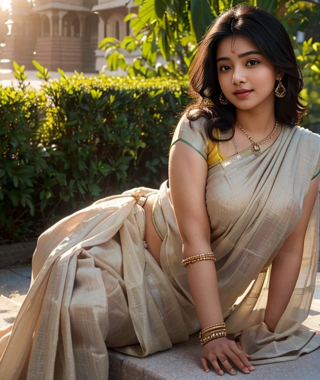(((desi Indian girl))), chubby face and charming hair, natural skin (((highly detailed face and skin texture, 8k, ultrarealistic))), ((Masterpiece: 1.3, best quality, crisp focuit girl, enjoying the sun, happy face, (traditional indian saree), waist level pic