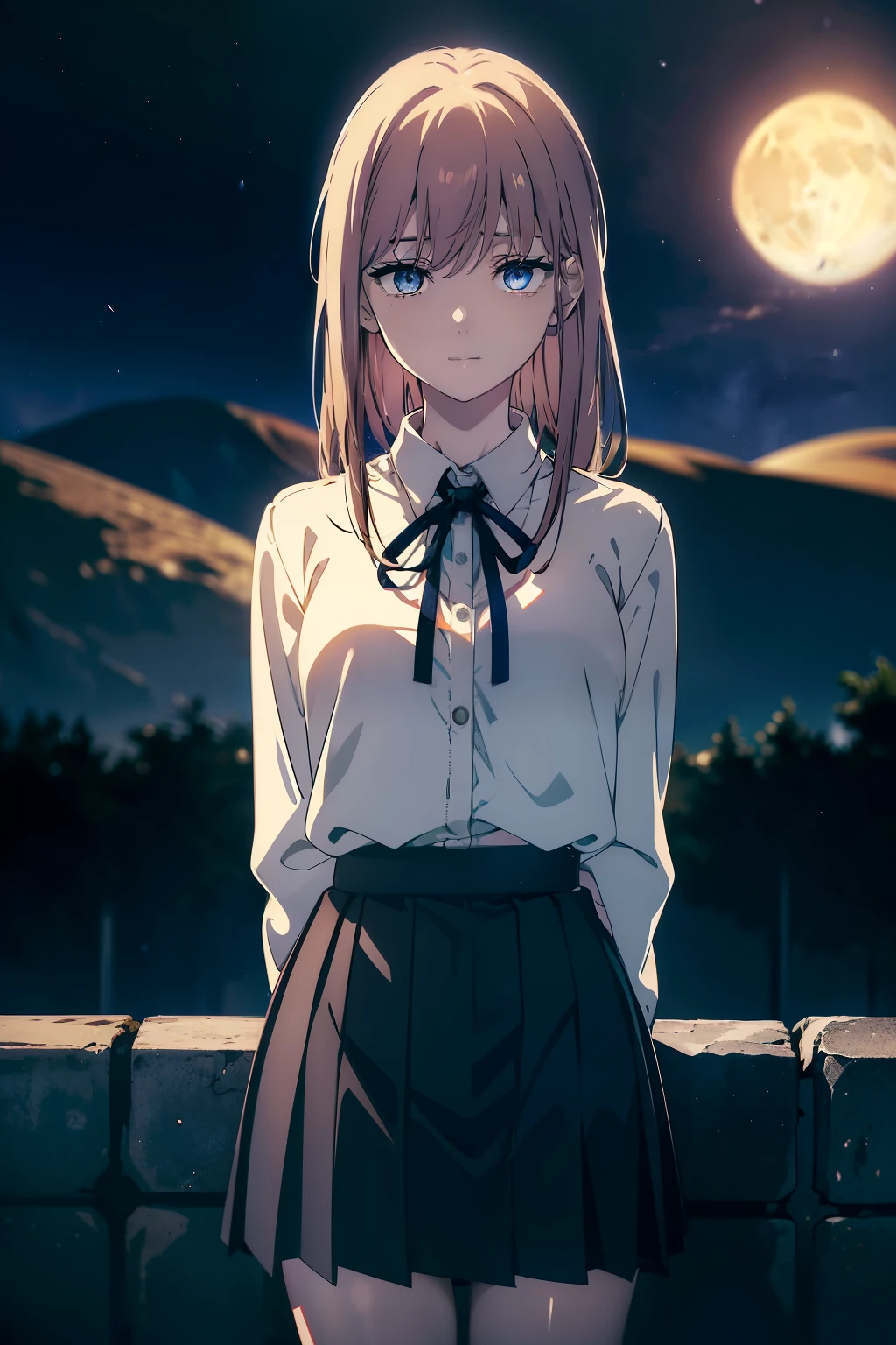 (Obra maestra, La mejor calidad, ultrahigh resolution), 1girl, standing, school uniform, white office shirt, black pleated skirt, (light brown hair:0.7), long hair cut, pale skin, ((blue eyes)), glowing_eyes, neon eyes, (ultra detailed eyes, beautiful and detailed face, detailed eyes), ((centered)), smile, ((wide shot)), facing viewer, eye level, (blurry background, night sky background), flat chested, looking at viewer, ((half closed eyes)), ((perfect hands)), (((head, arms, hips, elbows, in view))), ((hands behind back)), empty eyes, beautiful lighting, outside, outdoors, shooting star:0.7,  background, defined subject, massive moon, 25 years old
