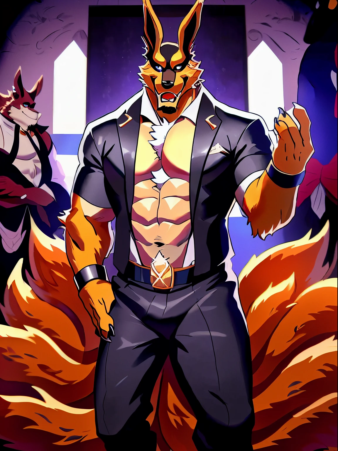 musculoso Anthro Kurama con guantes de boxeo. 4k, High resolution, La mejor calidad, colores perfectos, Sombras perfectas, Perfect lighting, Publicado el E621, cuerpo peludo, solamente, Anthro Kurama, vello, mayor, masculino, , Masculino, (Muy musculoso, aficionado:1.2), bare torso, anatomy correct, (Piel detallada, epopeya, Obra maestra:1.2), (Antecedentes detallados del gimnasio, noche), sexy and gloomy Taran Fiddler, por takemoto arashi), (Pantalones cortos de boxeo:1.2), (ojos detallados:1.2), sudoroso:1, sudar:1.2, Pelaje brillante, cuerpo completo, Guantes de boxeo, arrodillado en el suelo, (sudar:1.4), boca abierta, visible breathing, exhausto, (Brazos bajados, Brazos hacia abajo:1.1)