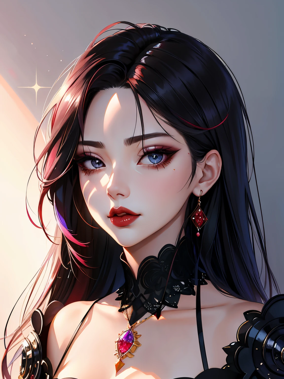 1girl in, 独奏, Jewelry, rose hair, necklace, red-lips, Long hair, covered eyes, lipstick, makeup, upper-body, closed mouth,  gown, hair above one eye, 鎖骨,  gown,Spectrum Theme,bad-girl, large breasts,sparkly skin,(mature female),Chic, Snthwve style, nvinkpunk Close-up portrait of a face (((sks person))), Smooth soft skin, big dreamy eyes, Beautiful intricate dyed hair, Symmetrical, anime wide eyes, soft-lighting, Detailed Face, makoto sinkai, by stanley artgerm lau, WLOP, rossdraws, Concept art, Digital Painting, looking up at the camera