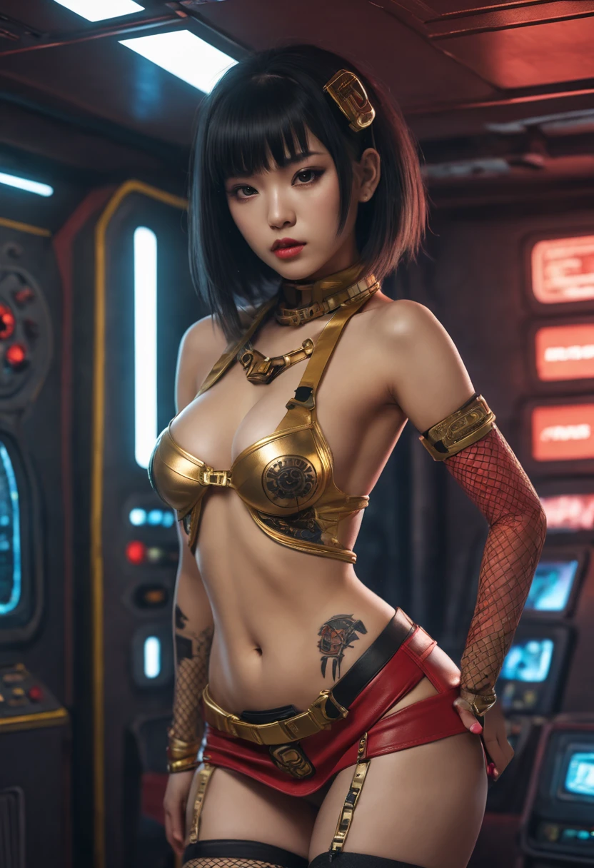 sci-fi spaceship with realistic retro interior, Three semi-nude or nude or topless Cyberpunk Asian goth girls with tribal tatoo wearing, fishnet stockings, thigh high high heeled boots, miniskirt, gold panties, red leather thong bikini, white and gold miniskirt, topless, nude, semi-nude