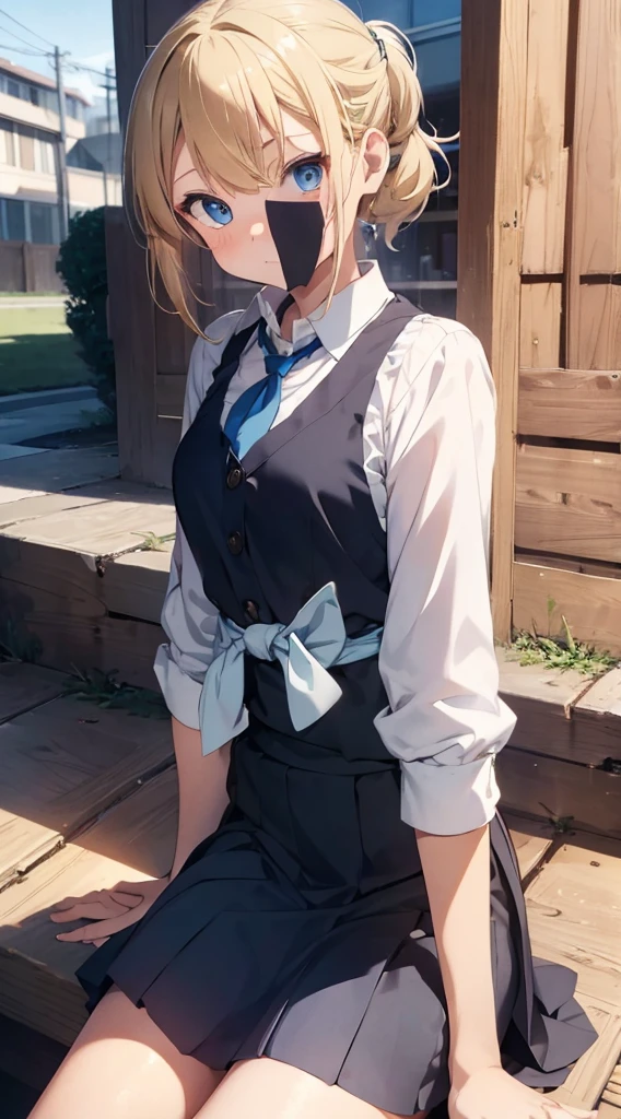 Highres, high quality, Anime girl, blonde hair, ponytail hair, lazy eyes, tomboy, skirt, blue eyes, school, braid, looking at viewer, black vest, thigh high, blue ribbon hair, short hair, blush, sitting, white collared shirt, necklace, clothes wrap around waist