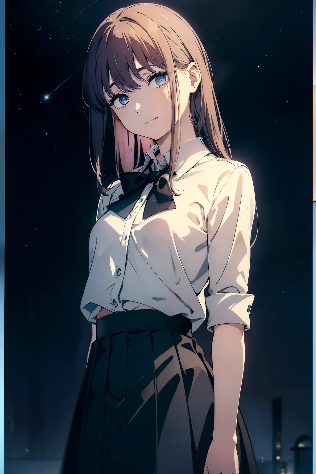 (Obra maestra, La mejor calidad, ultrahigh resolution), 1girl, standing, school uniform, white office shirt, black pleated skirt, ((light brown hair:0.7)), long hair cut, pale skin, ((blue eyes)), glowing_eyes, neon eyes, (ultra detailed eyes, beautiful and detailed face, detailed eyes), ((centered)), smile, ((wide shot)), facing viewer, eye level, (blurry background, night sky background), flat chested, looking at viewer, ((half closed eyes)), ((perfect hands)), (((head, arms, hips, elbows, in view))), ((hands behind back)), empty eyes, beautiful lighting, outside, outdoors, shooting star:0.7, background, defined subject, massive moon, 25 years old