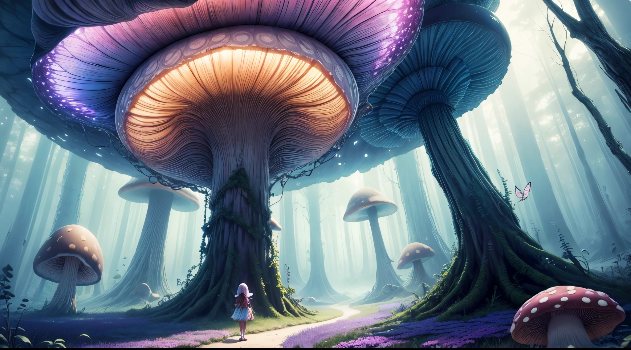 "Magical encounter, young girl exploring, gigantic mushroom, ethereal butterflies, misty wonderland, enchanting