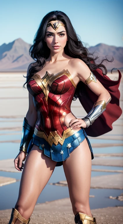 Modelshoot style, handsome wonder woman, full body, dc, Perfect body, Perfect face, Complex thermal distortion design, Elegant, Curve, Highly detailed, Sharp Focus, Artgerm, Greg Rutkowski, Art by Frank Frazetta, masutepiece, A hyper-realistic, 32K, the Extremely Detailed CG Unity 8K Wallpapers, Best Quality, Wonder Woman standing on the Uyuni Salt Flat, magnificent panorama view.
