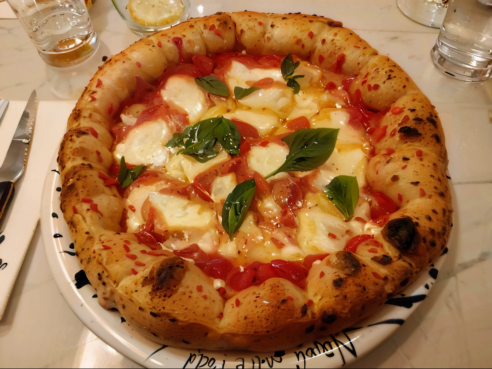 there a pizza on a plate with a knife and fork, the pizza has a large cornicione, italian pizza, eating a pizza margherita, pizza, by Benjamin Marra, pizza pie, pizza!, by Tom Wänerstrand, pizza on a table, mozzarella everywhere, plenty mozzarella, very very happy!, by Anita Malfatti, pizza in foreground
