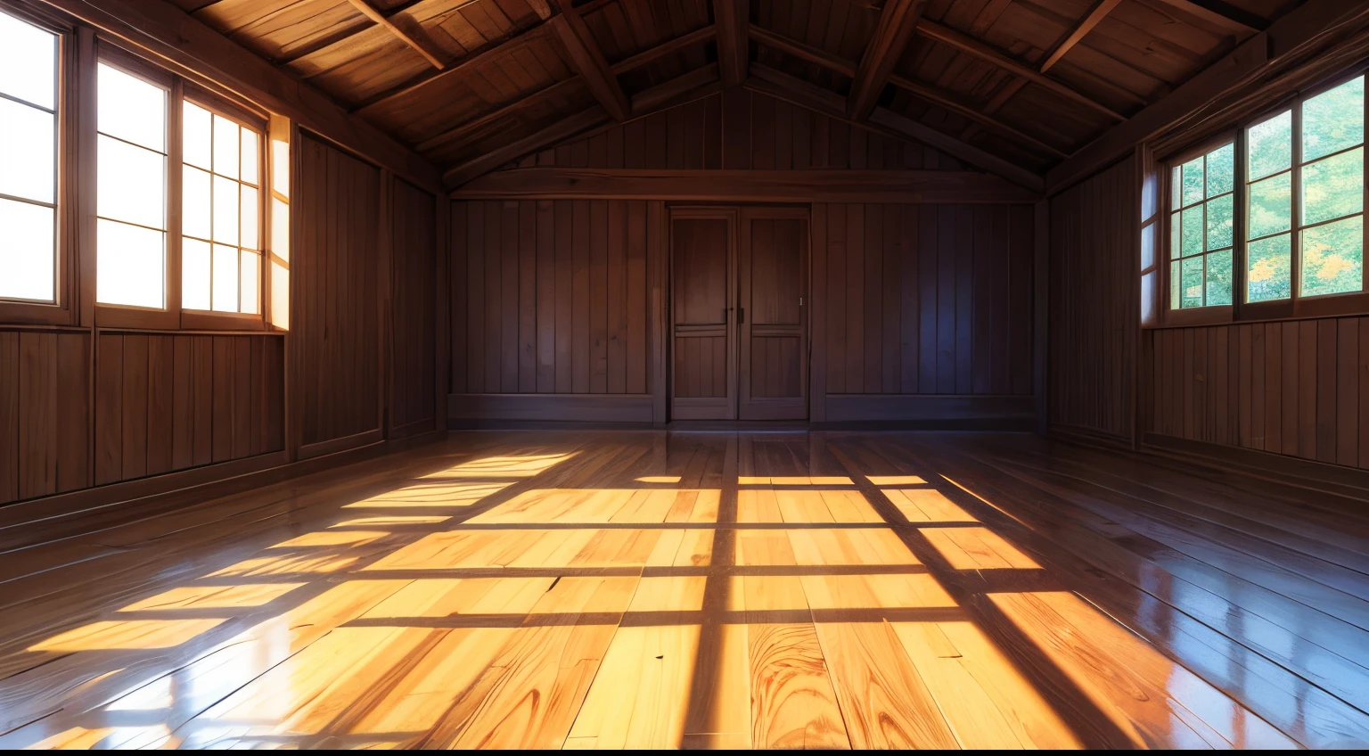 inside a wooden house, shiny plank floor