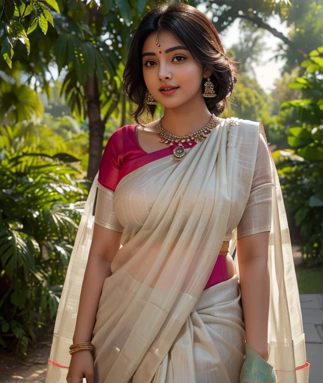 (((desi Indian girl))), chubby big breasts face and charming hair, natural skin (((highly detailed face and skin texture, 8k, ultrarealistic))), ((Masterpiece: 1.3, best quality, crisp focuit girl, enjoying the sun, happy face, (traditional indian saree), waist level pic
