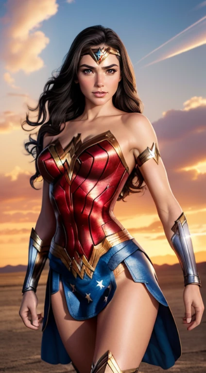 Modelshoot style, handsome wonder woman, full body, dc, Perfect body, Perfect face, Complex thermal distortion design, Elegant, Curve, Highly detailed, Sharp Focus, Artgerm, Greg Rutkowski, Art by Frank Frazetta, masutepiece, A hyper-realistic, 32K, the Extremely Detailed CG Unity 8K Wallpapers, Best Quality, Wonder Woman standing on the Uyuni Salt Flat, Take a commemorative photo with a smile