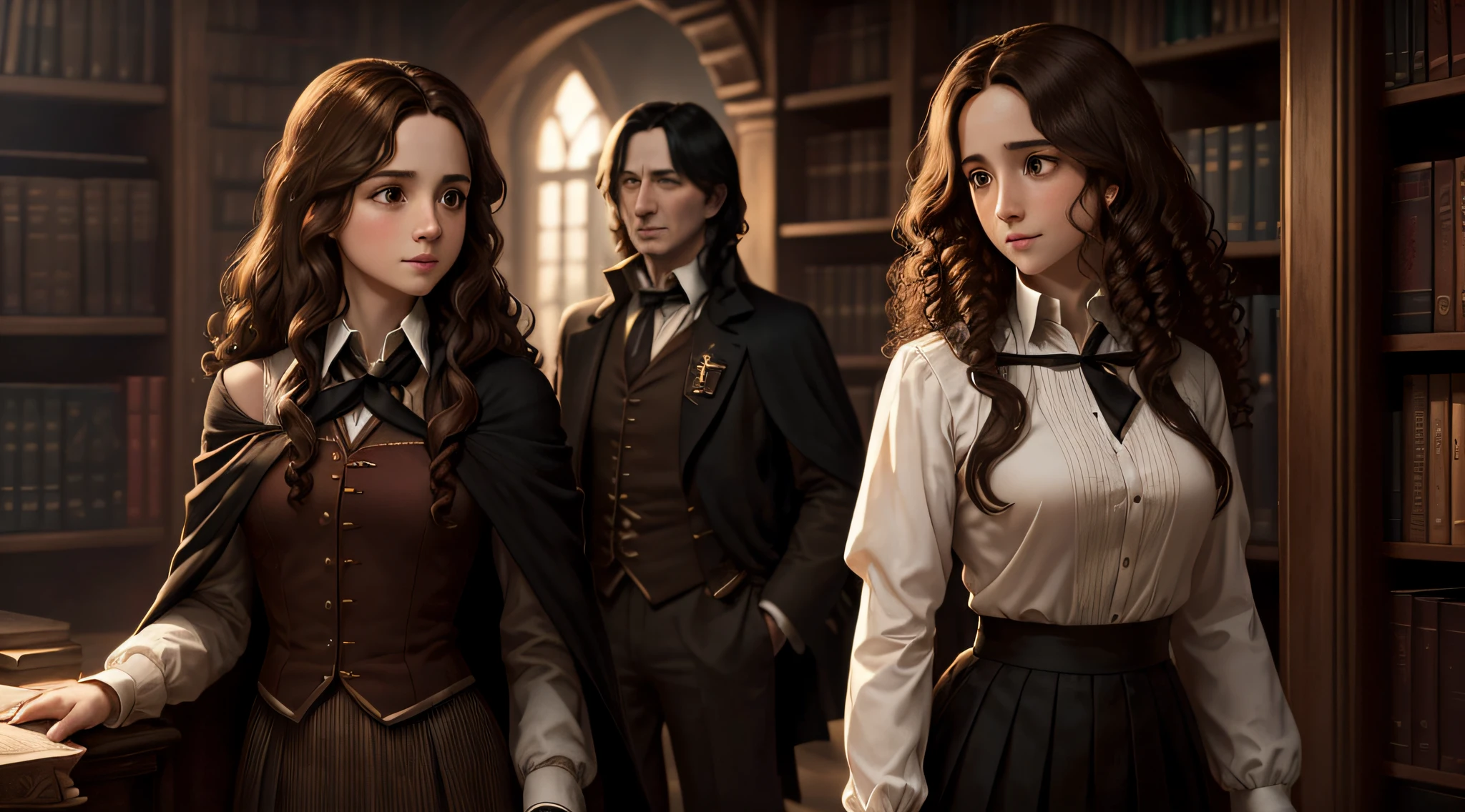 Meisterwerk, 8K, nur_Eins_frau_und_Eins_man : Eine Frau ((Hermine Granger, braune Augen, Braunes Haar, lockiges Haar, small boobs, She is wearing a white blouse and a black skirt)) Und ein Mann ((Severus Snape, Erwachsene, schwarzes Haar, Schwarze Augen, schulterlanges Haar)) stand in front of a bookshelf, sexy. Seductive Smiling, ((he stands behind her and touches her))