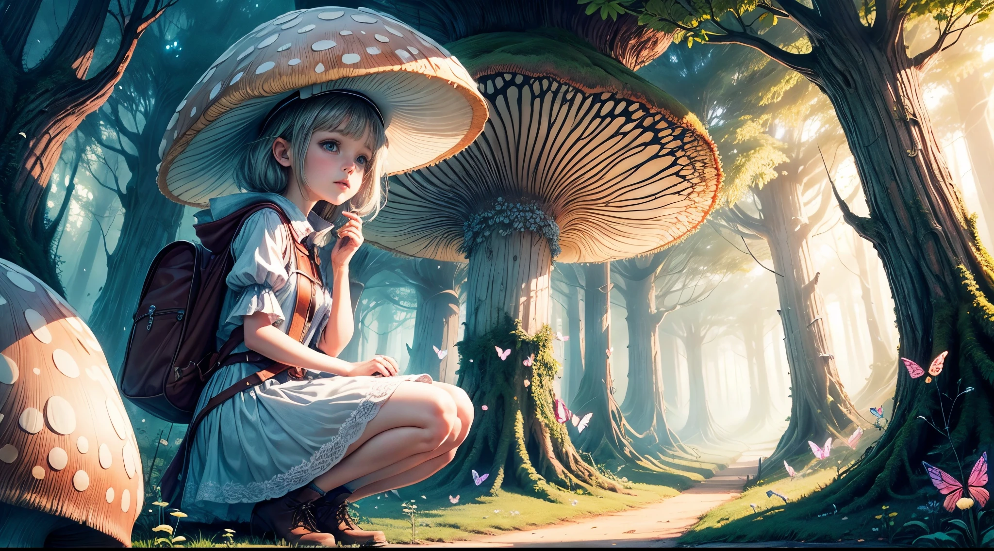 "Magical encounter, young girl exploring, gigantic mushroom, ethereal butterflies, misty wonderland, enchanting