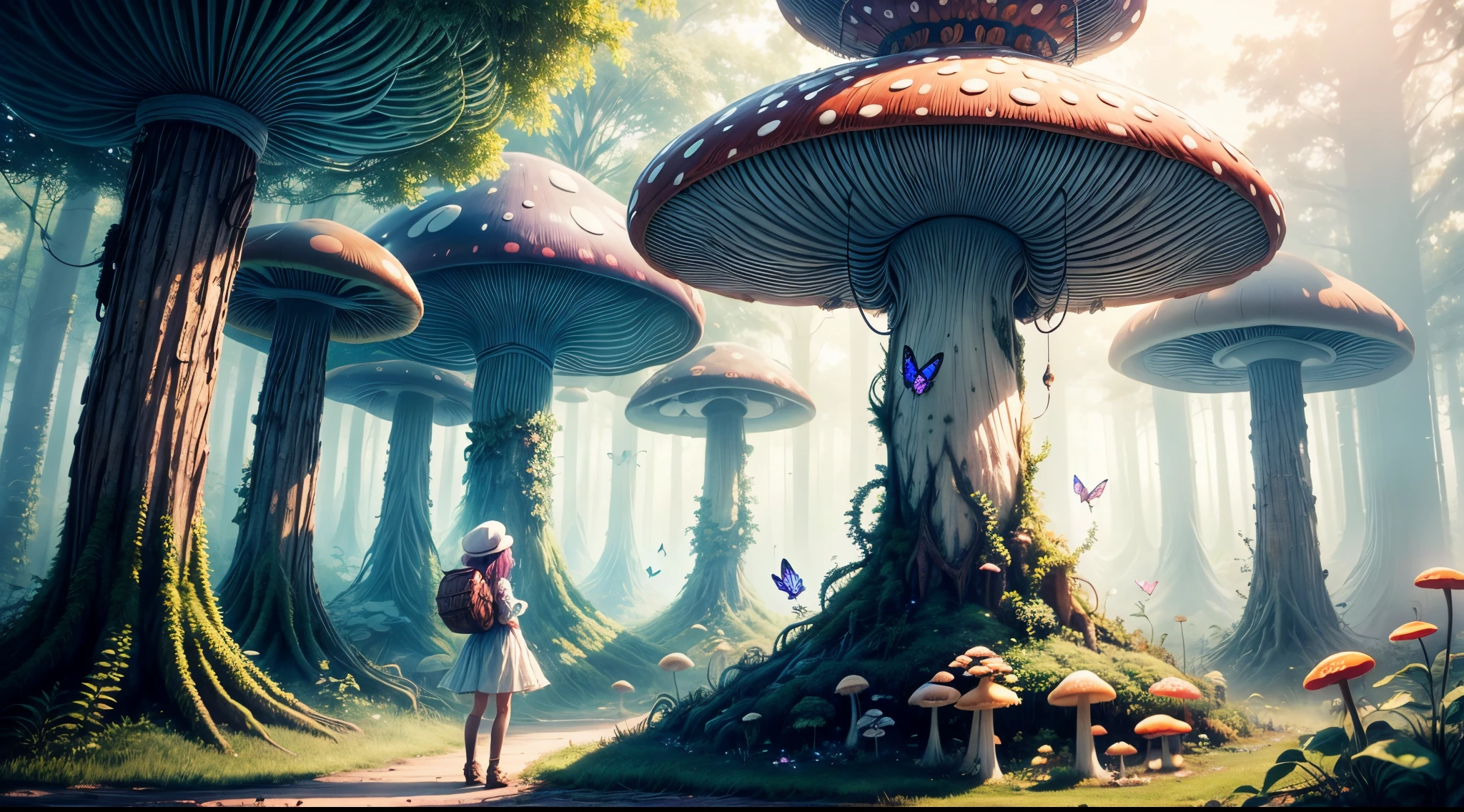 "Magical encounter, young girl exploring, gigantic mushroom, ethereal butterflies, misty wonderland, enchanting