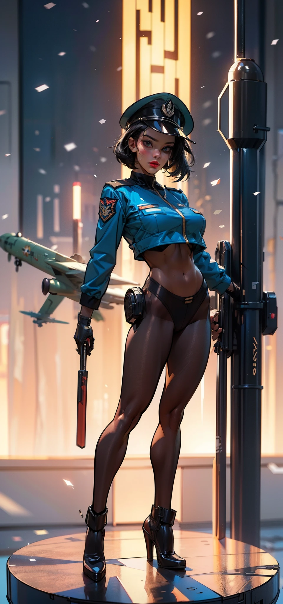 1female,35yo,plumw,extremely large bosom, 独奏,(Background with:Huge machinery,droid,aerodrome,Planes,Huge mechanical armor,) She has very short black hair,bobo head,Stand on the plane,,seen from the front, hair straight, mostly cloudy sky,(((tmasterpiece),(Very detailed CG unity 8K wallpaper),best qualtiy,cinmatic lighting,detailed back ground,beatiful detailed eyeright pupillue eyes,Snow-whiteskin,Redlip(Very fine and beautiful),(Beautiful and detailed eye description),ultra - detailed,tmasterpiece,))facing at camera,A high resolution,ultra - detailed),revealing breastare genitalia, Bulge,legs are open,Raised sexy,Camel toelushed complexion,Desire for dissatisfaction,frontage,Indian Air Force,Aviator,Officer's cap(Wearing:Dark green baseball jacket,Black pantyhose,Bare breasts)scifi style
