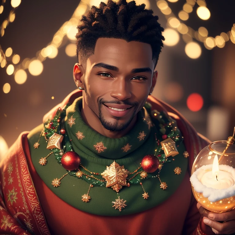 (highres:1.2,ultra-detailed,realistic:1.37),3D Rendering,black men avatar,Christmas,ornaments,brightly lit,sparkling decorations,warm cozy atmosphere,smiling face,handsome appearance,red and green colors,holiday cheer,joyful expressions,festive attire,beautifully wrapped gifts,winter wonderland,delicate snowflakes,magical glow.