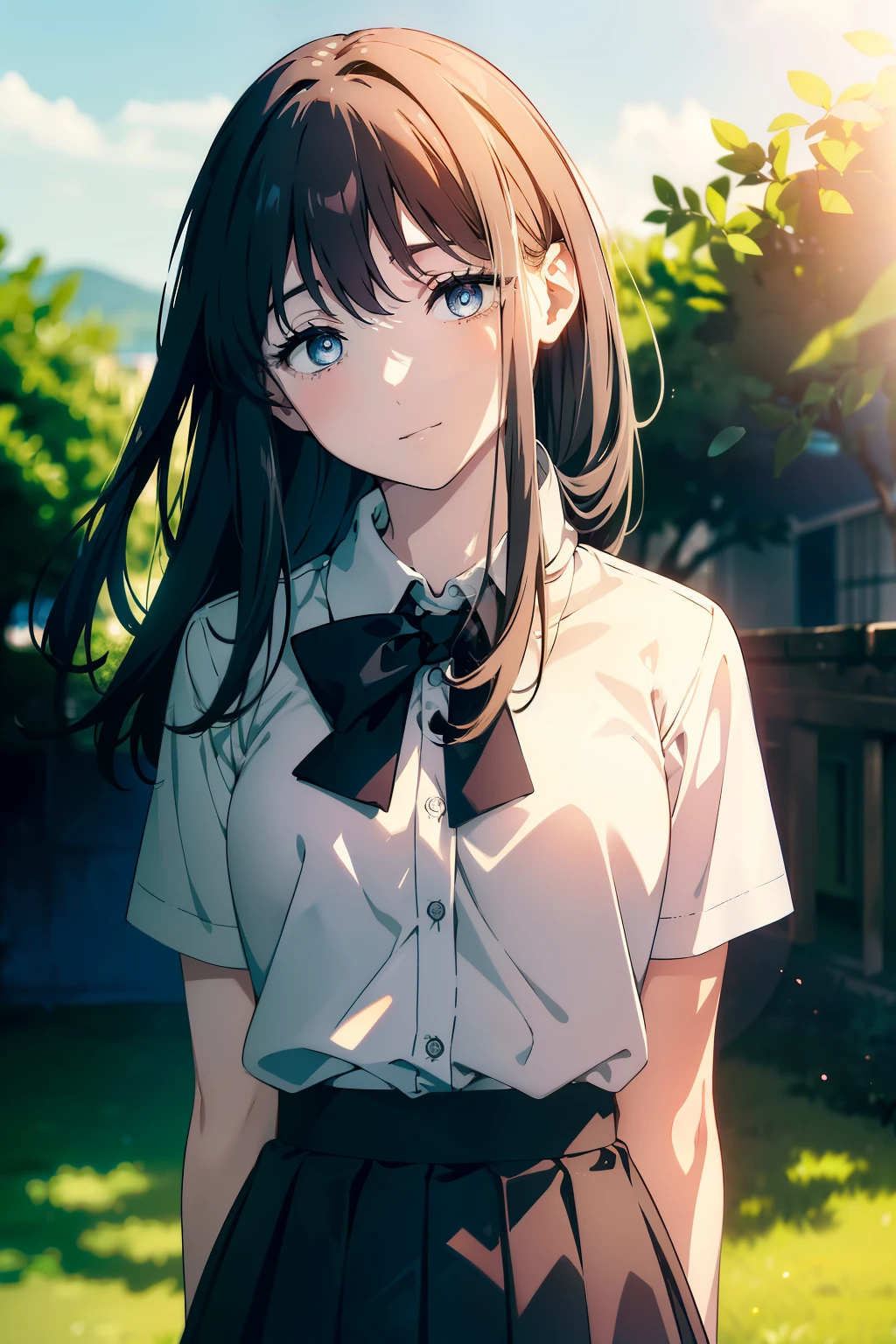 (Obra maestra, La mejor calidad, ultrahigh resolution), 1girl, standing, school uniform, white office shirt, black pleated skirt, ((light brown hair:0.7)), long hair cut, pale skin, ((blue eyes)), glowing_eyes, neon eyes, (ultra detailed eyes, beautiful and detailed face, detailed eyes), ((centered)), smile, ((wide shot)), facing viewer, eye level, (blurry background, bright summer background), flat chested, looking at viewer, ((half closed eyes)), ((perfect hands)), (((head, arms, hips, elbows, in view))), ((hands behind back)), empty eyes, beautiful lighting, outside, outdoors, background, defined subject, 25 years old