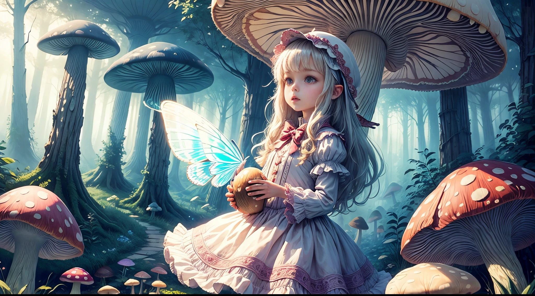 "Magical encounter, young girl exploring, gigantic mushroom, ethereal butterflies, misty wonderland, enchanting