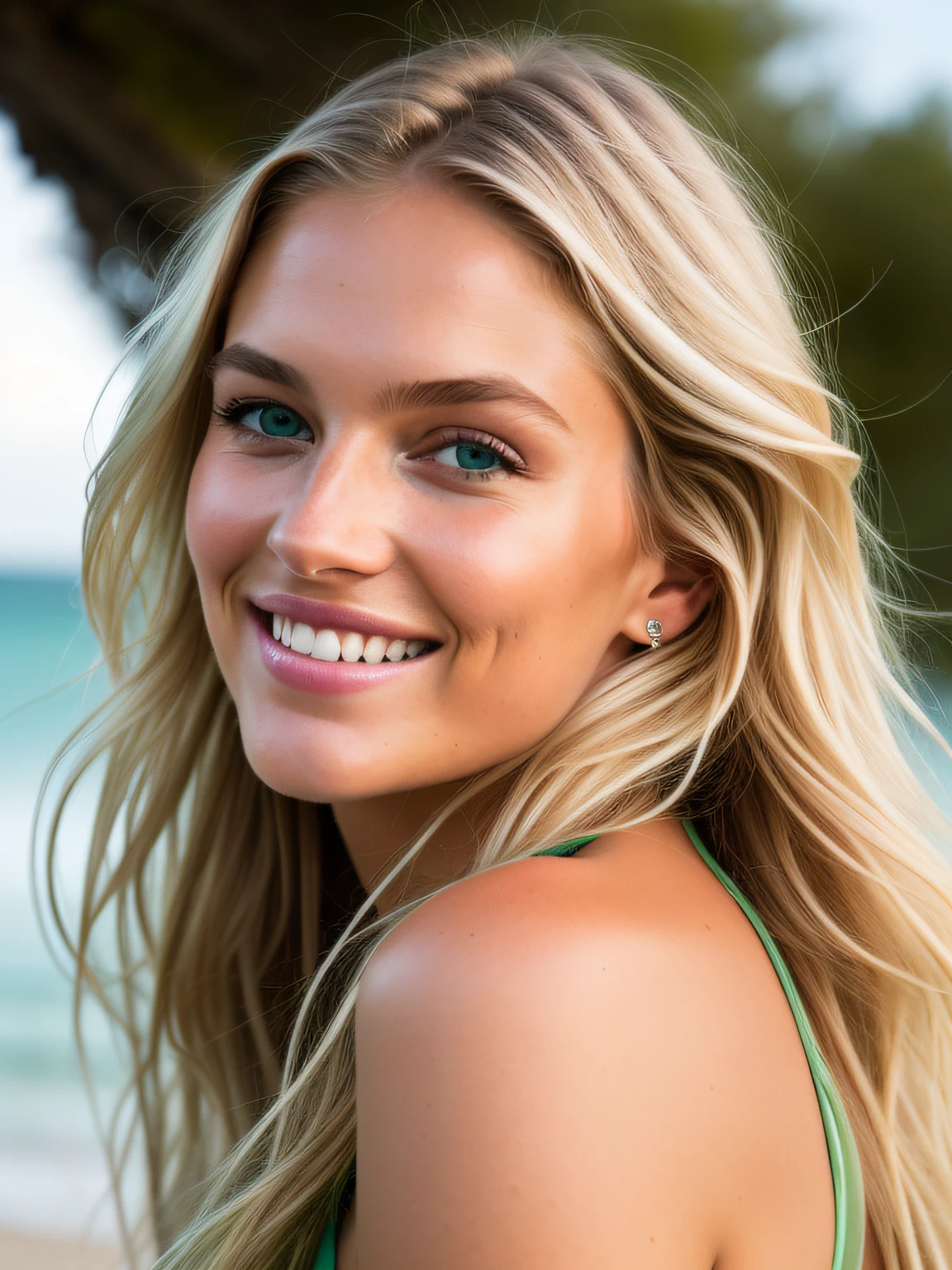 Cinematic soft lighting illuminates a stunningly detailed and ultra-realistic beautiful Australian supermodel, beach look, long messy windy blonde hair, clear green eyes, captivating perfect smile, , hot woman, gorgeous, that trending on ArtStation. Octane the perfect tool to capture the softest details of this 16k photography masterpiece.