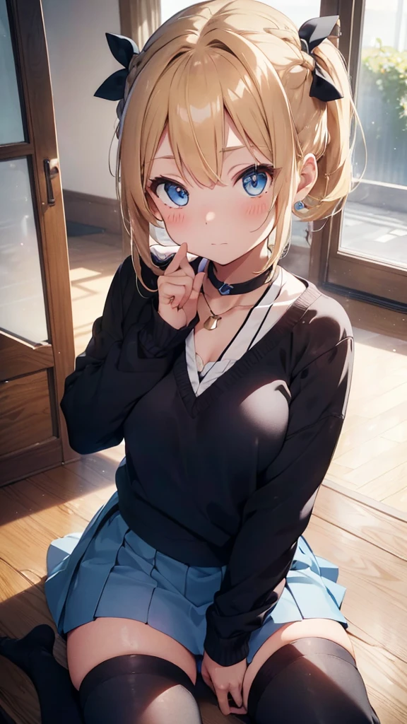 Highres, high quality, Anime girl, blonde hair, ponytail hair, lazy eyes, tomboy, skirt, blue eyes, school, braid, looking at viewer, black sweater, thigh high socks, blue ribbon hair, short hair, blush, sitting, white collar, necklace, white sleeves,