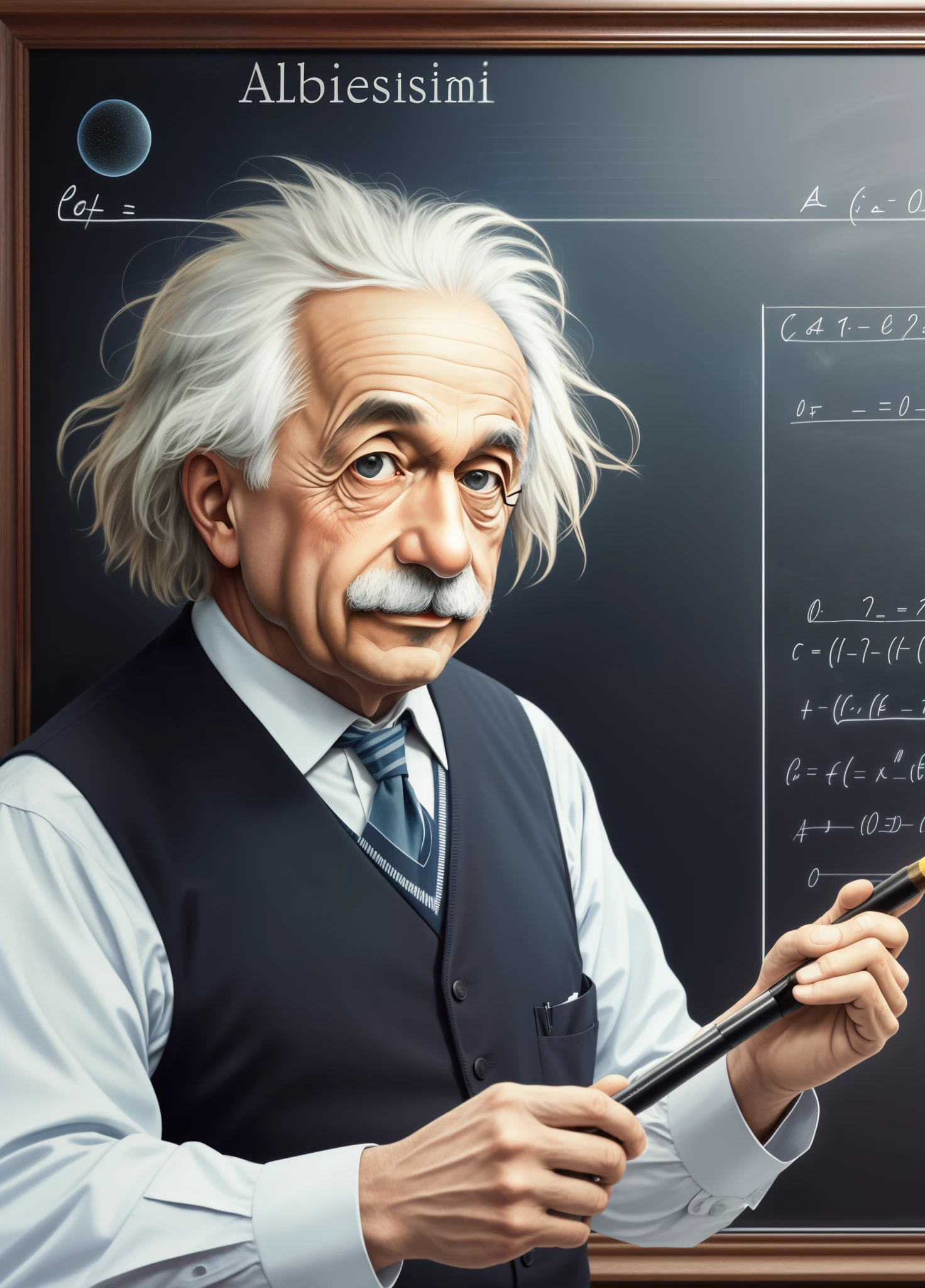 Realistic photo of Albert Einstein, physics calculations(differencial equations) on a blackboard in the background