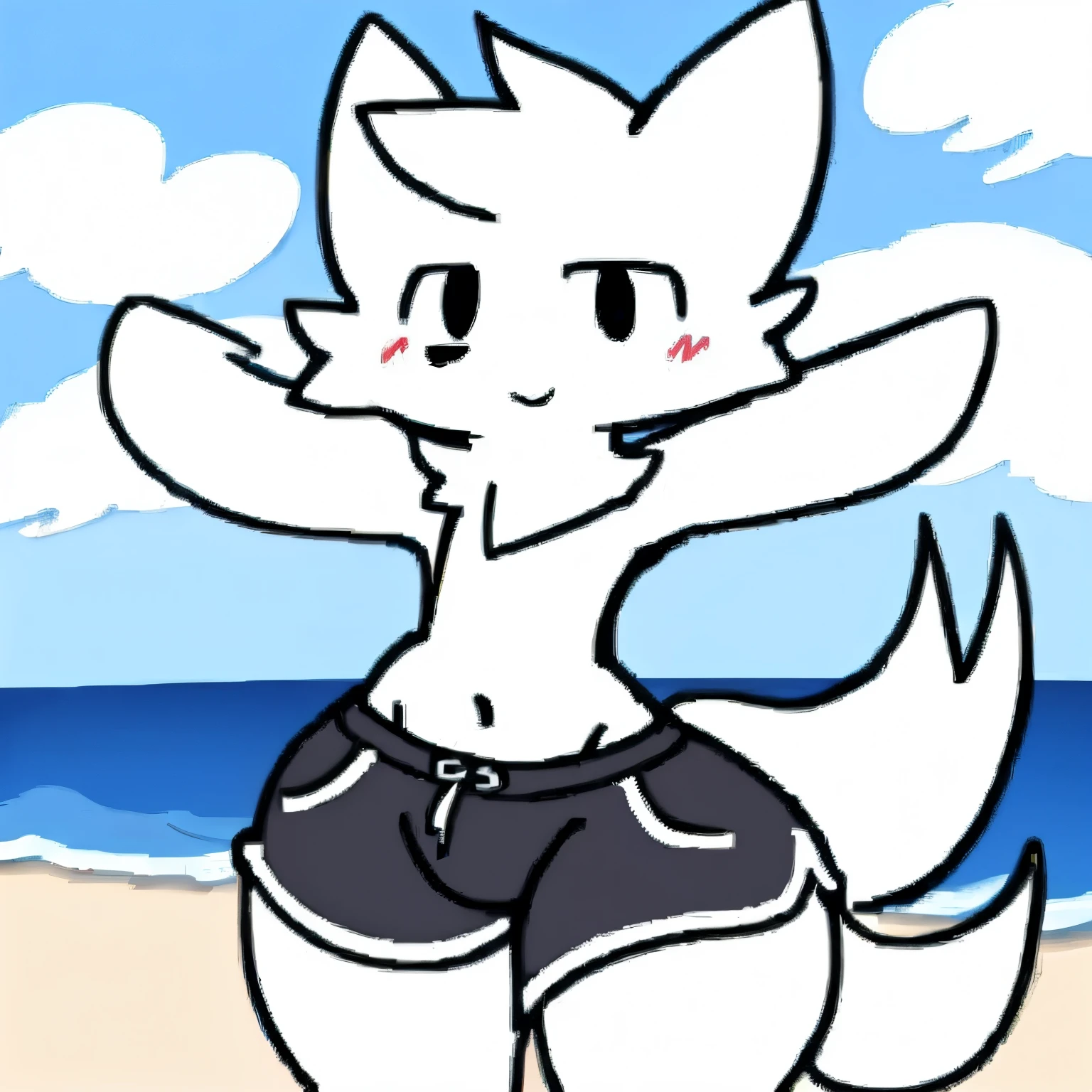 White fur, cat, anthro, furry, wide hips,solo, simple art style,on the beach, beach in the background,male chest,thin, hands behind head, shorts