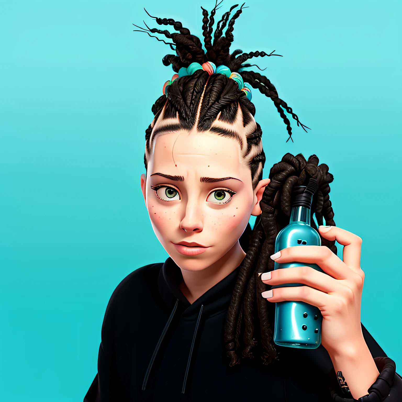 Arafed with a mohawk and a pair of shoes in his hands., People with Iroquois, with aqua-neon dreadlocks, with a mohawk, antipodeans, dreadlocks black hair, fastens bangs with one hand, A lot of dreadlocks on the head, inspired by Charles Martin, Frank Dillane as Puck, mohawk, die antwoord yolandi portrait