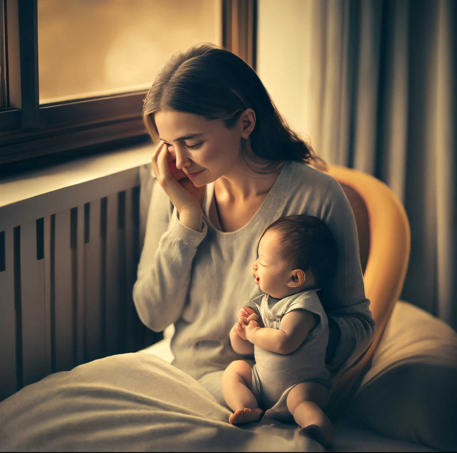 mother crying and baby sleeping on her lap sitting on the chair in the room at night dark lights almost everything curtain and window raining and sad