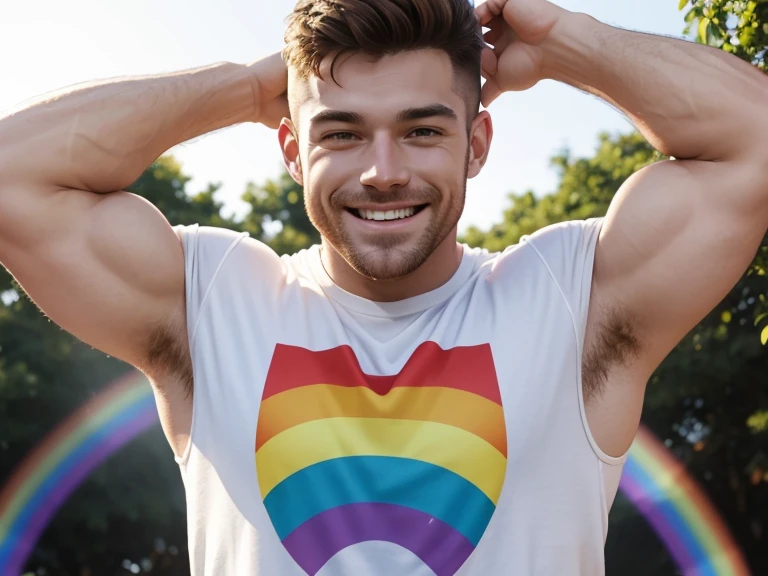 a White man with strong muscles and a rainbow pride t-shirt, sun glusses and a smile