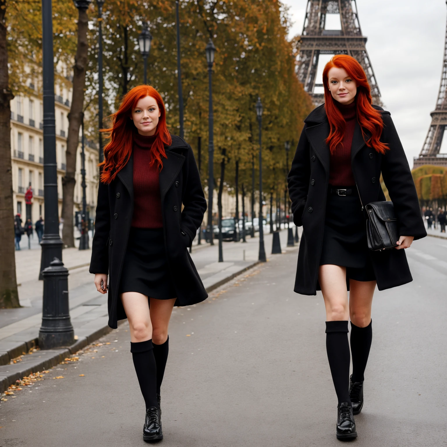 pictures of a nice red hair girl, medium Brest walking down the streets of Paris, close to Eiffel Tower, with winter coat, and black thighs and black shoes, sexy,