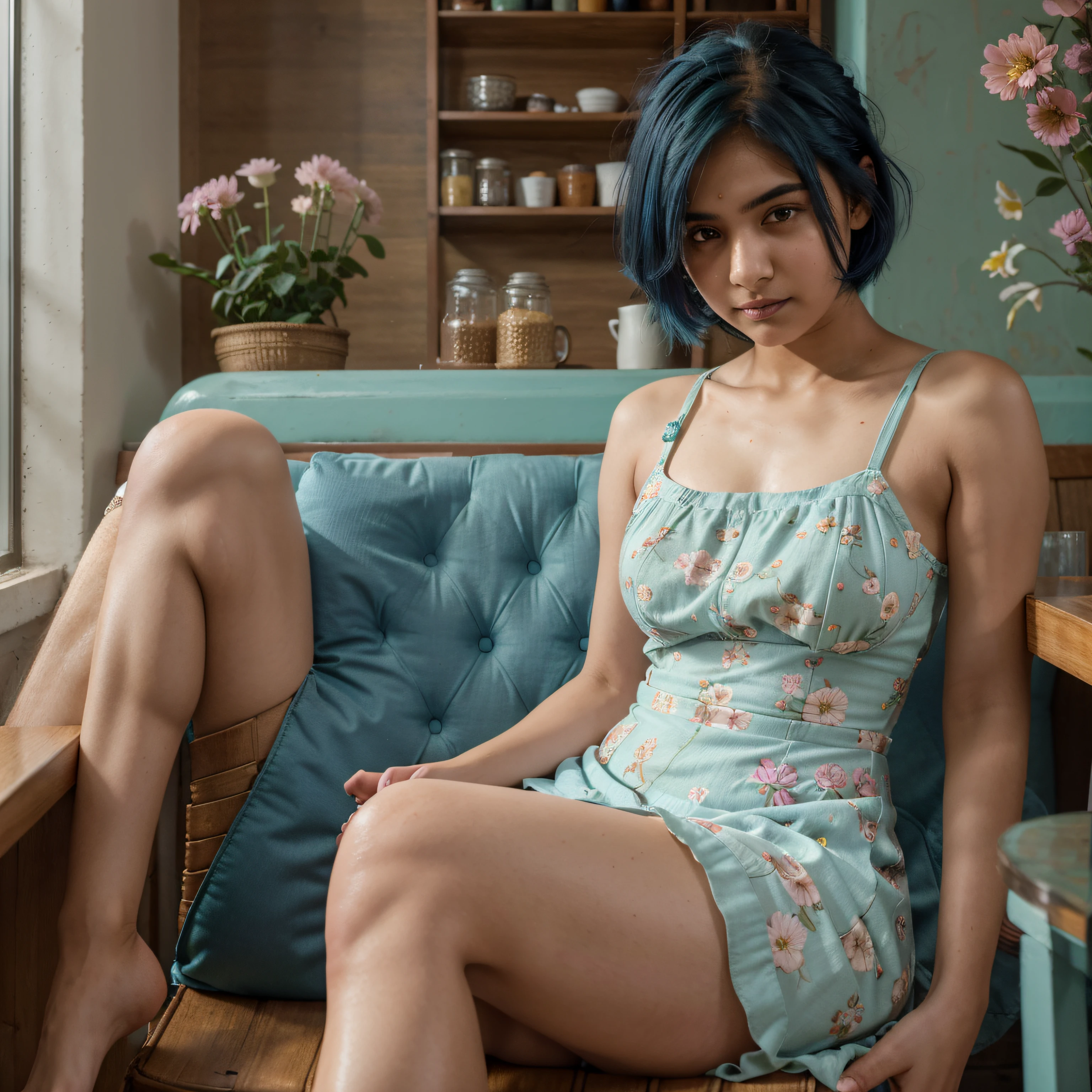 (very detailed 8k wallpaper), an 18 year old pakistani  girl, particle lighting, high detail, dramatic, fooocus, juggernaut xl, short blue hair, hair roots fading, sitting in a cafe, pastel restaurant interior, wearing small tight sundress with flower pattern, hot pose, smirking