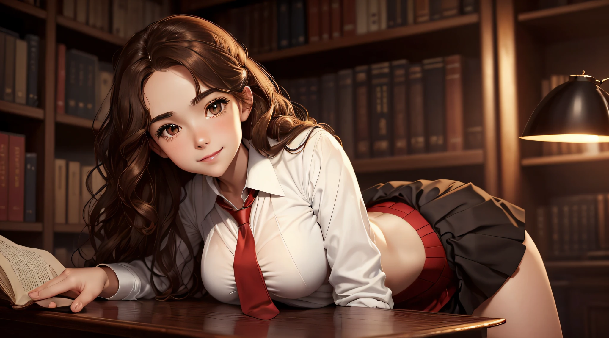(Meisterwerk), ((Top quality)), ((Weitwinkel-Schuss)), ((Eins_frau)), mit (Hermine Grangers) Gesicht, ((braun_Augen)), ((braun_Haar)), ((wellig_Haar)), (weiche Locken), small boobs, Das Tragen eines ((White_Bluse)) mit einem ((rot_Krawatte)) und ein ((schwarz_Rock)), (auf einem Schreibtisch liegend), (seductive glance), Smileing, happy, ((Bookshelves in the background)), ((Hintergrund)), sexy, Uniform, ((allein)), (Nacht), ((atmospheric perspective)), ((schwarz_Rock)), beautiful