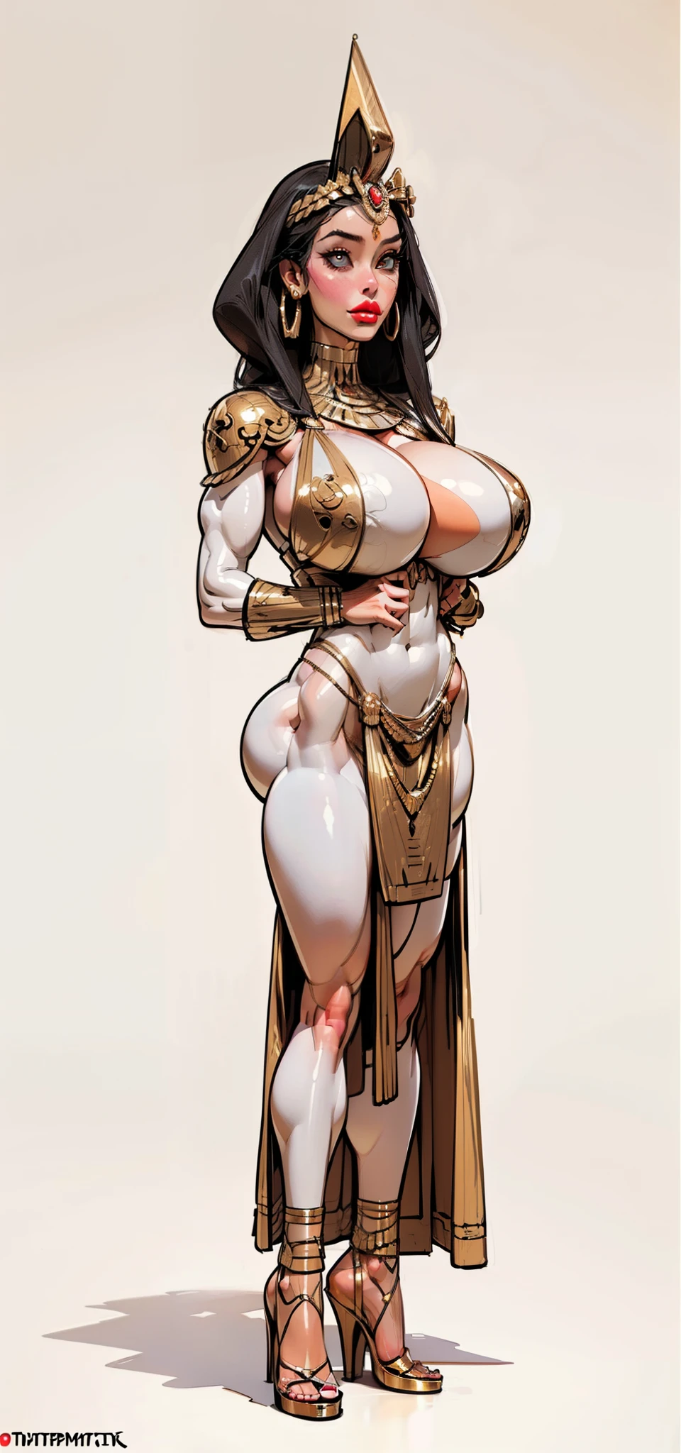 1female,35yo,plumw,extremely large bosom, 独奏,((side profile)), ((full body view:1.4)), ((masterpiece)),(((best quality))), ((egyptian empress, mature face)), ((middle eastern eyes:1.4)), ((Vulture crown:1.4)), (((septum piercing)), defined cheekbones, high cheekbones, illustration, ((muscular:1.3)), ((gold:1.4)), sexy bimbo, (gigantic breasts:1.7) ((long Egyptian headpiece)), black hair, ((detailed face:1.4)) beautiful woman, (egyptian:1.4), colored skin, (white skin:1.4) , (red lipstick:1.4), shiny skin, ((skindentation)), scribbles and marks,(puffy lips:1.4) , (temple: 1.5), ( at night: 1.5), rough sketches, pose, 8k,16k, ( background, white background: 1.3) ((warm color palette)), ((ancient aesthetic))(((tmasterpiece),(Very detailed CG unity 8K wallpaper),best qualtiy,cinmatic lighting,detailed back ground,beatiful detailed eyeright pupillue eyes,Snow-whiteskin,Redlip(Very fine and beautiful),(Beautiful and detailed eye description),ultra - detailed,tmasterpiece,))facing at camera,A high resolution,ultra - detailed),(gigantic breasts:1.3), scifi style