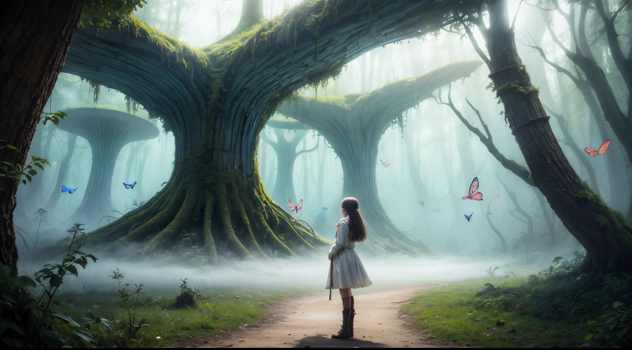 "Magical encounter, young girl exploring, gigantic mushroom, ethereal butterflies, misty wonderland, enchanting,Cowboyshot