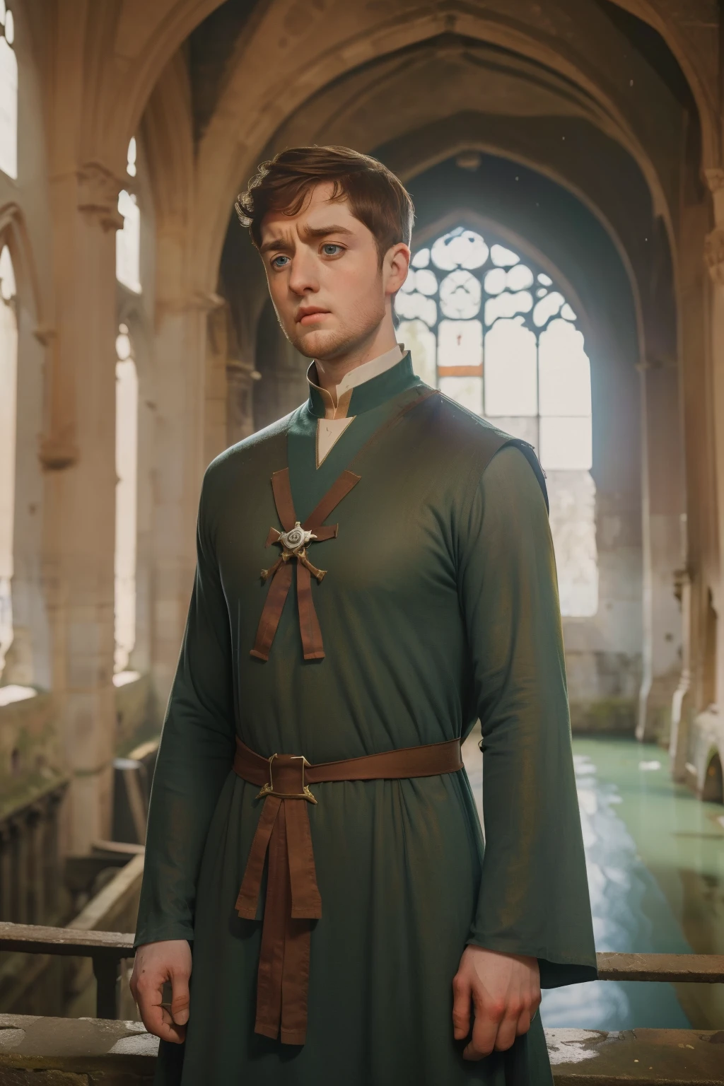1136, Kingsbridge, England. otherworldly scene in a ruinous cathedral, ((((27-year-old)) Richard Rankin)), monk, looking angry, frowning, ((((poor plain tunic from the 12th century)))), ((Hairstyle of the 12th century)), ((Wes Anderson cinematic style)), colorful