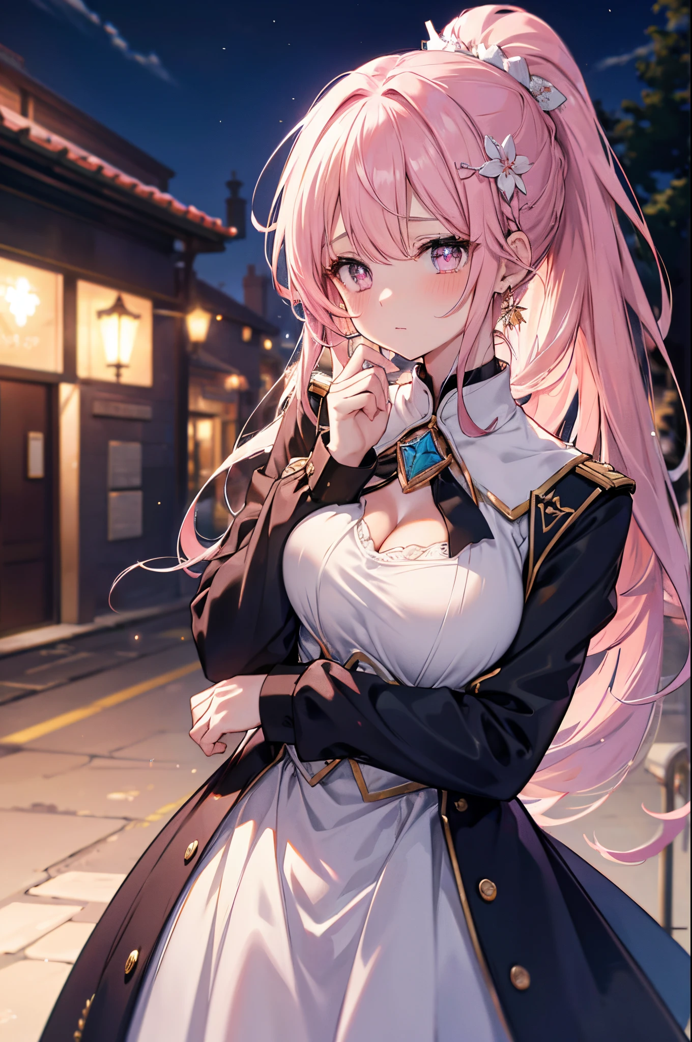 2girls, (wavy ponytail, hair over shoulder, very long hair, very thick hair), pink hairs, (beautiful detailed eyes, pink eyes, star-shaped pupil, diamond-shaped pupils), happy tears or mouth hold handerchief, big breast, cleavage, crescent earrings, goddess in school uniform, 3 pairs of wings, (beautiful detailed jewel leather collar), (hair flower hairpin), lens flare abuse, chromatic aberration, high detail, anime, Romanticism, Op art, depth of field, motion blur, glowing light, film grain, UHD, retina, ccurate, masterpiece, anatomically correct, textured skin, super detail, high details, high quality, award winning, best quality, highres, 16k, hands in the back