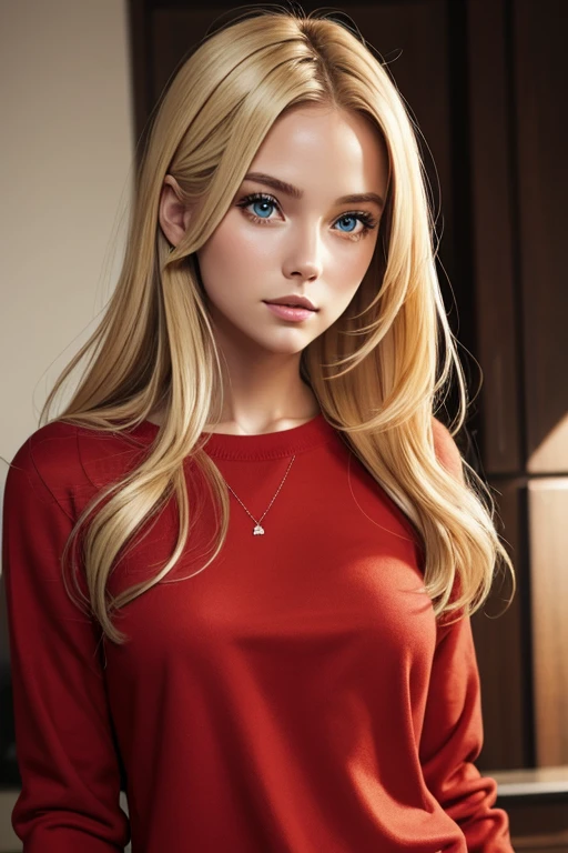 Photo realistic blonde girl wearing tight red crew neck sweater