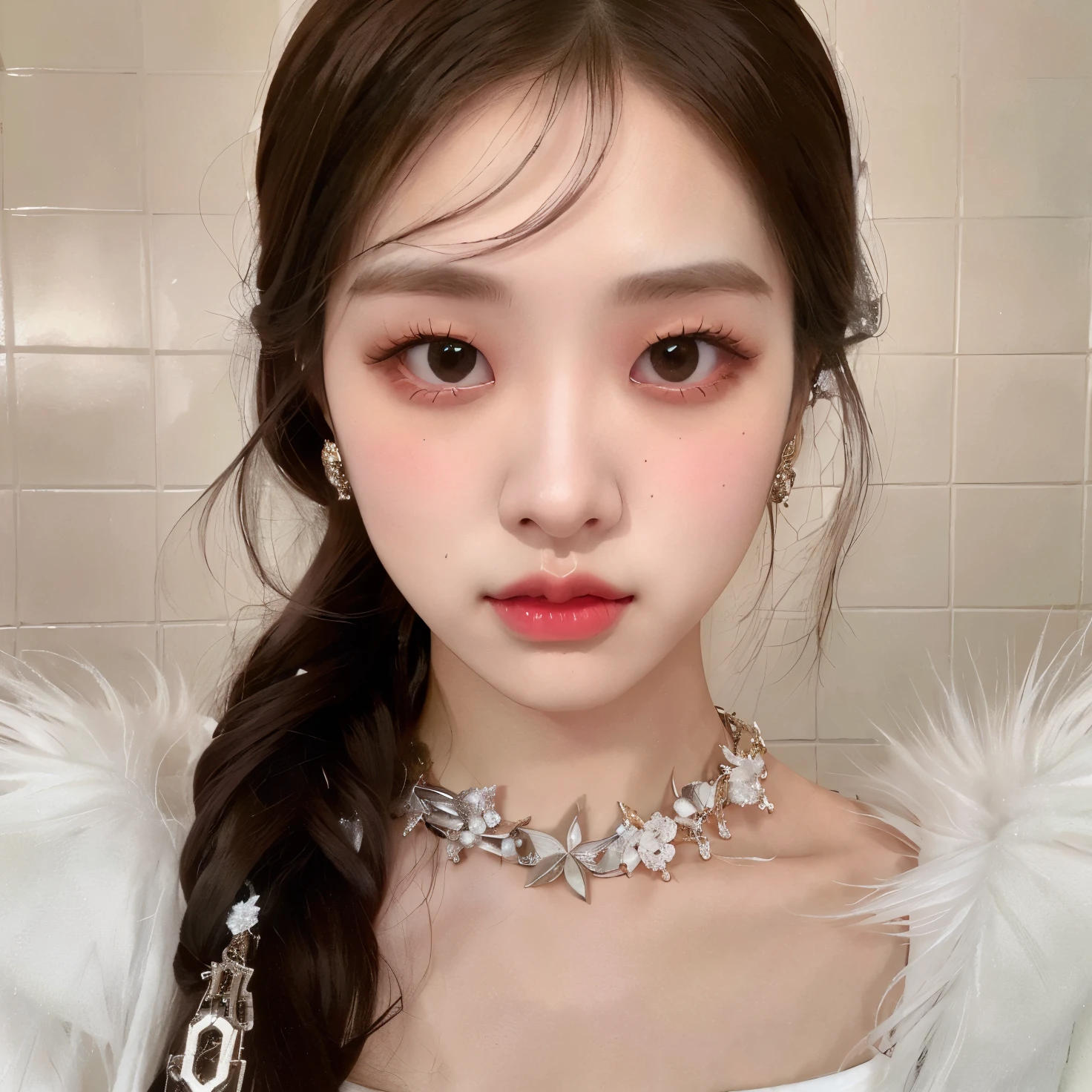 Mujer araffada con un abrigo de piel blanco y un collar., Jinyoung Shin, ulzzang, Jaeyeon Nam, maquillaje popular de Corea del Sur, Heonhwa Choe, maquillaje coreano popular, Lalisa Manobal, dilraba dilmurat, tzuyu de dos veces, Lee Ji - Eun, Lee Ji-eun, Parque Ji-min