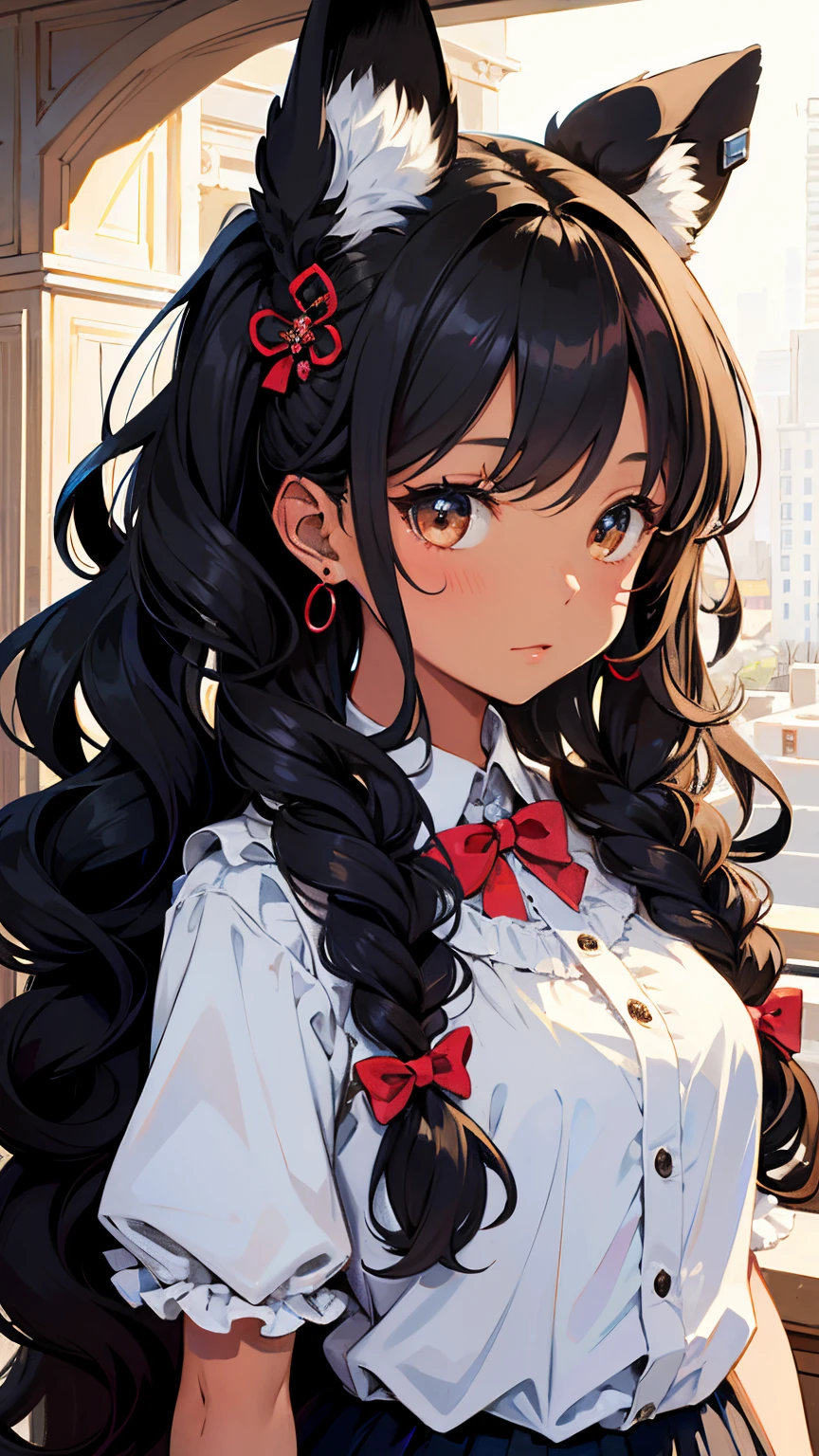 (masterpiece),(best quality),(ultra-detailed),(illustration), background,(an extremely delicate and beautiful girl),(beautiful face),looking_at_viewer,1 cute black girl with (long curly hair:1.5), dark brown skin, and light brown eyes, chocolate theme, animal ears, animal tail,BREAK, long hair in pigtails,multiple hairbows,ribbons,earring,pendant, candy and sweets all over the background.