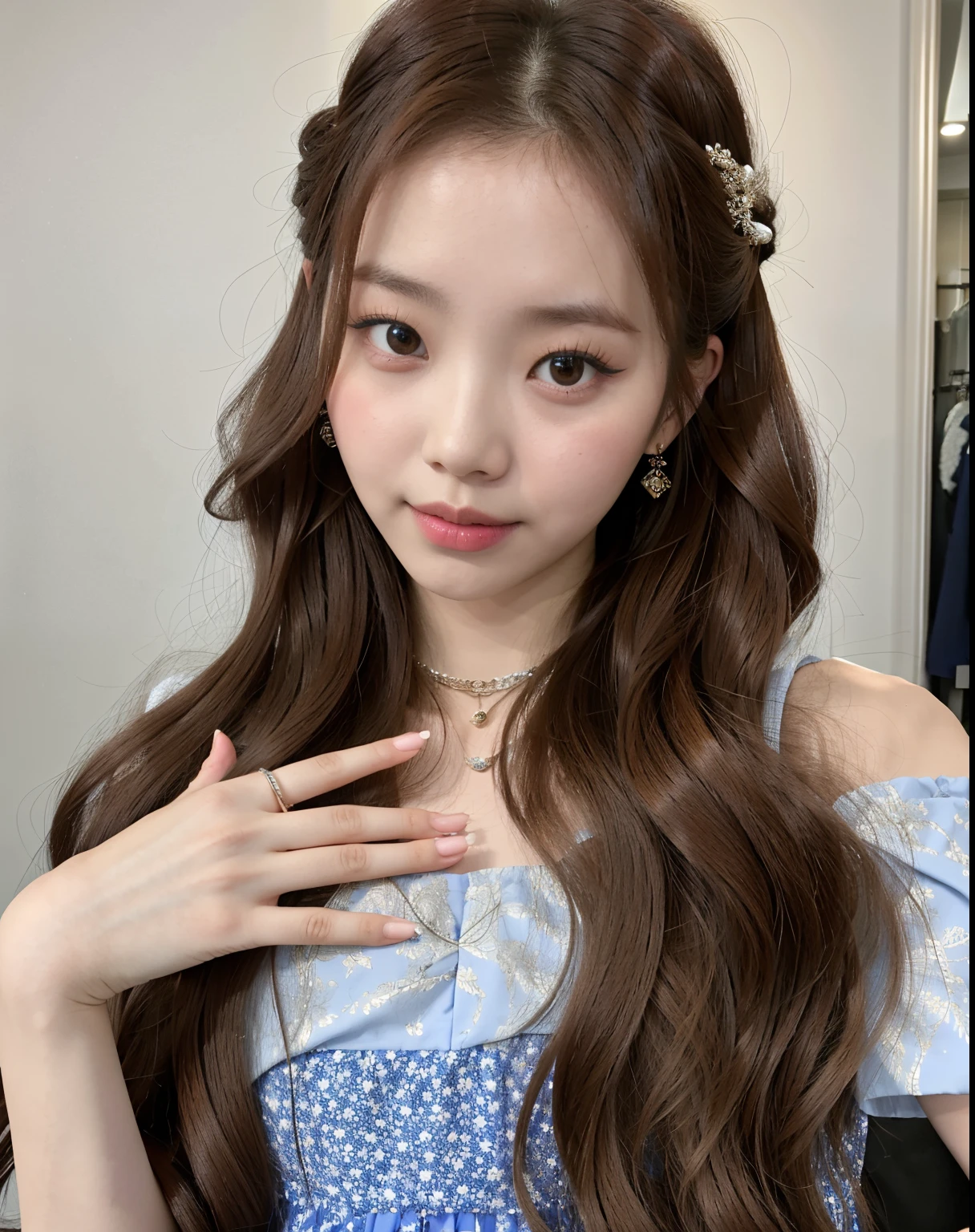 Araffe girl with long brown hair wearing a blue dress., Jaeyeon Nam, ulzzang, dilraba dilmurat, con el pelo largo, Jinyoung Shin, Heonhwa Choe, Sha Xi, Lee Ji - Eun, Lee Ji-eun, El Corte Hime, hwang se - on, Peinado blanco de corte hime, Lalisa Manobal