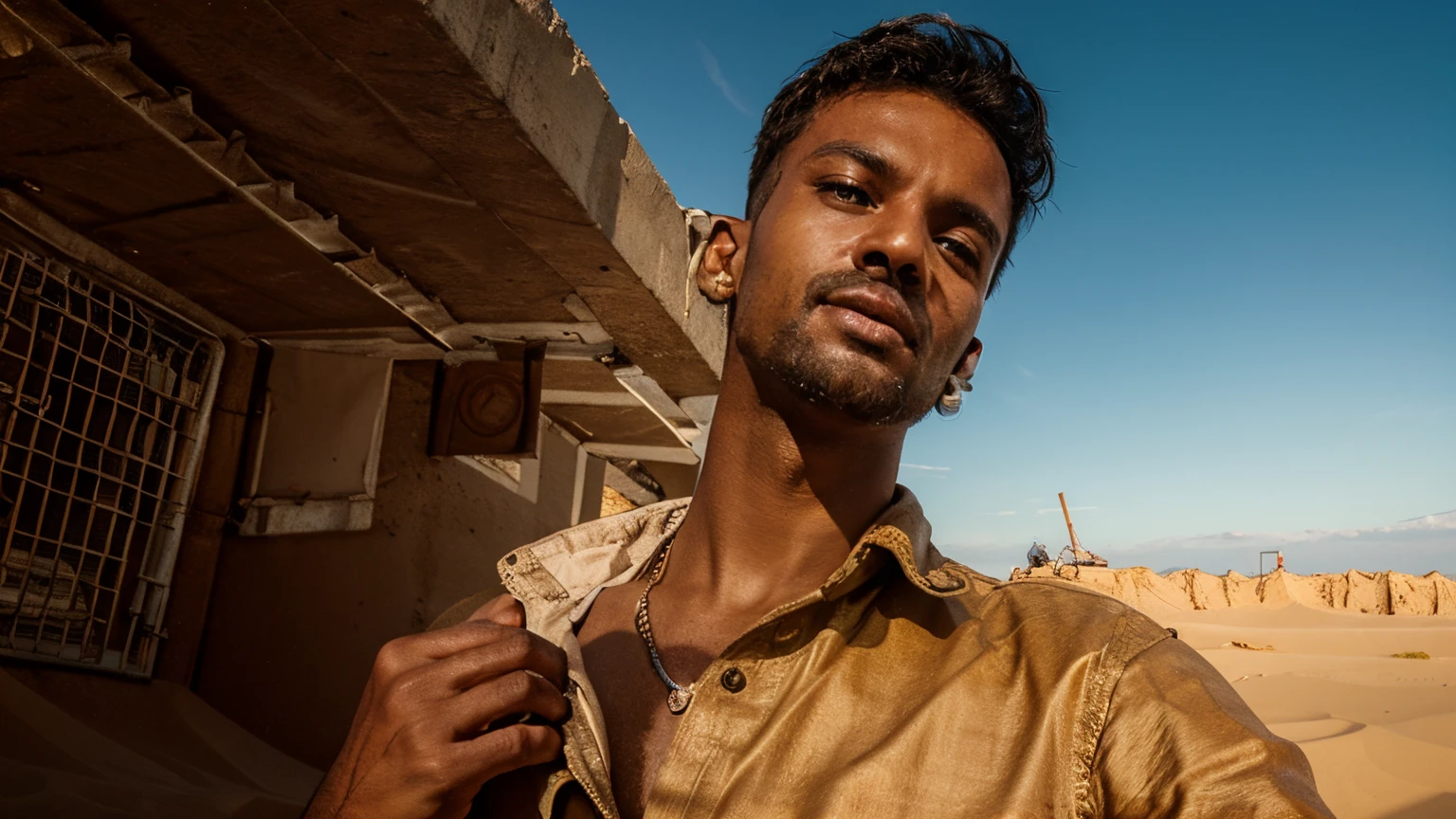 Change this foto background to a dune, sunset, professional product photography