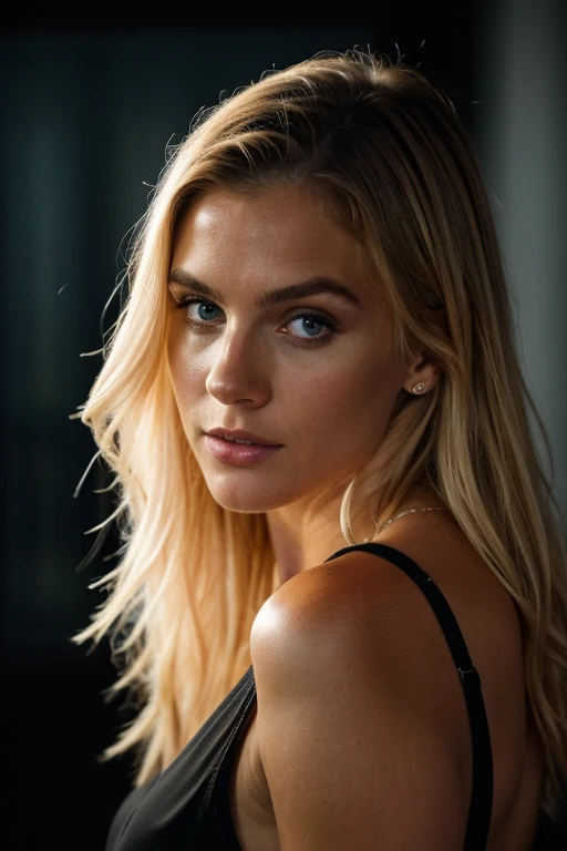 (high quality,4k,8k,highres,masterpiece:1.2), ultra-detailed, (realistic,photorealistic,photo-realistic:1.37), whole body, dark theme, super cute blond woman, man looking on her behind, vivid colors, studio lighting, sharp focus, emotionally intense, mysterious atmosphere