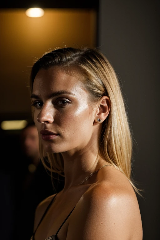 (high quality,4k,8k,highres,masterpiece:1.2), ultra-detailed, (realistic,photorealistic,photo-realistic:1.37), whole body, dark theme, super cute blond woman, man looking on her behind, vivid colors, studio lighting, sharp focus, emotionally intense, mysterious atmosphere