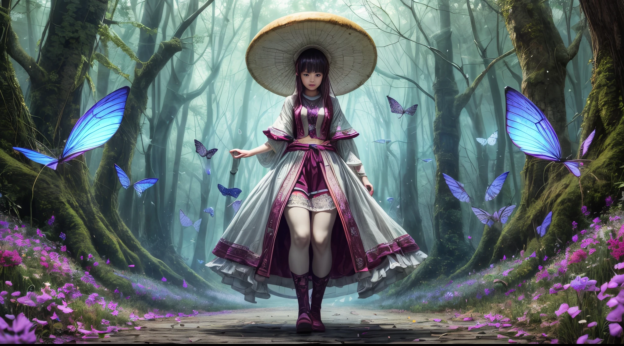 "Magical encounter, young girl exploring, gigantic mushroom, ethereal butterflies, misty wonderland, enchanting,Cowboyshot